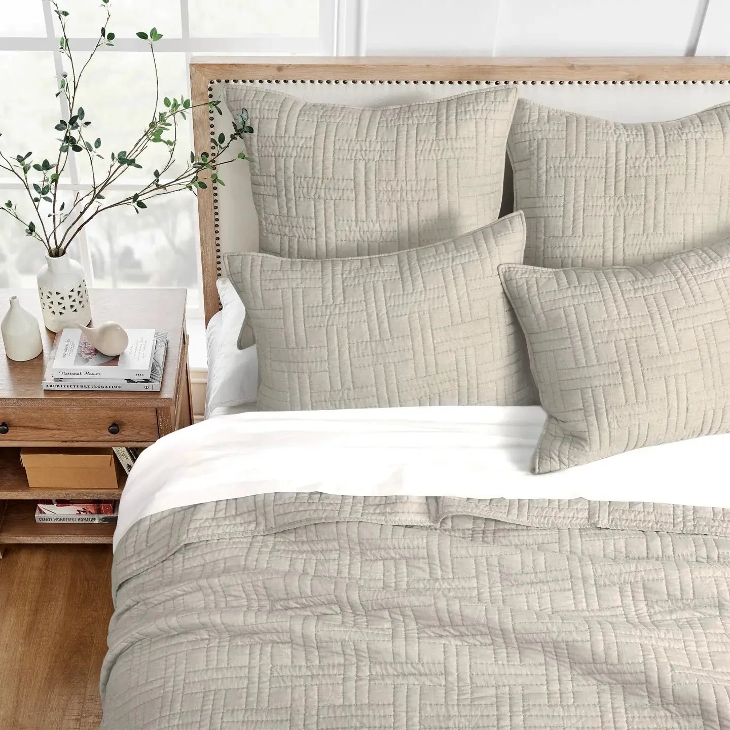 Melange Stitch Reversible Quilt Set - Natural