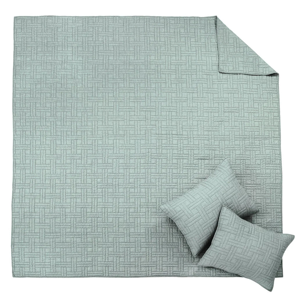 Melange Stitch Reversible Quilt Set - Seafoam