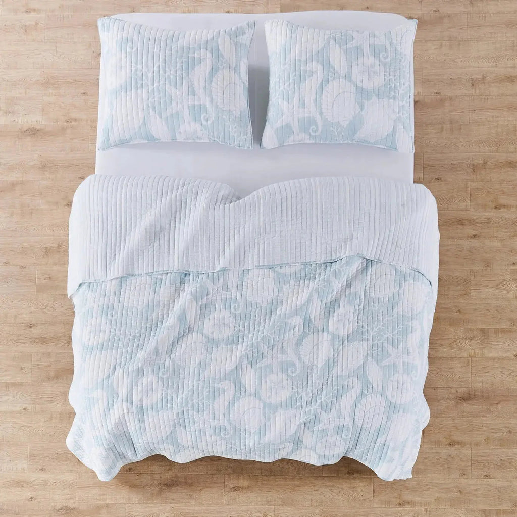 Stillwater Blue Quilt Set - French Blue Coastal Quilt With Seashells