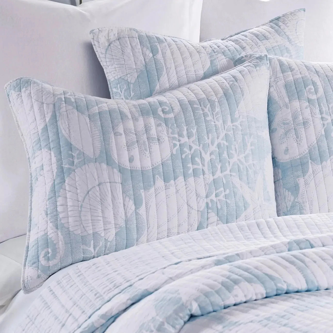 Stillwater Blue Quilt Set - French Blue Coastal Quilt With Seashells
