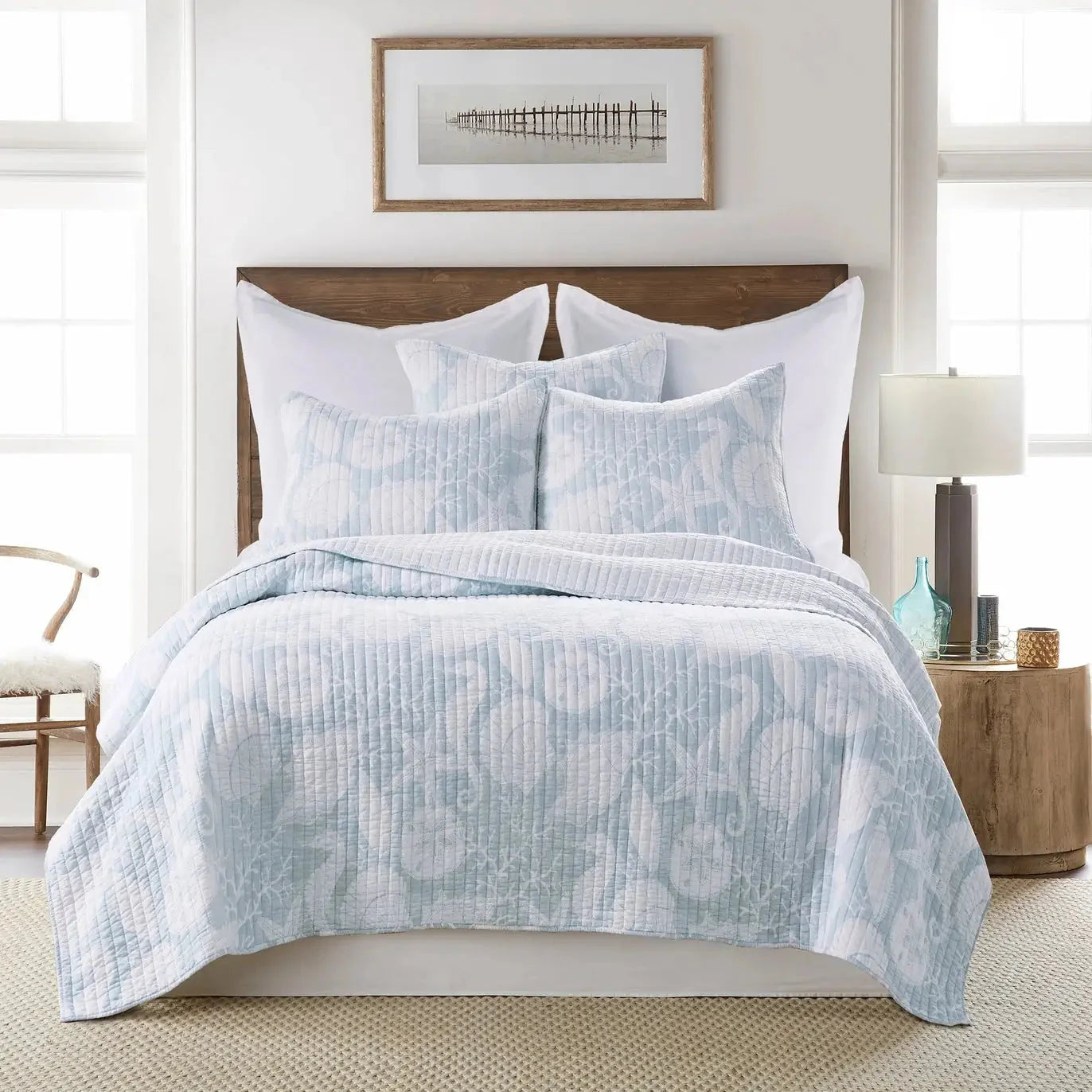 Stillwater Blue Quilt Set - French Blue Coastal Quilt With Seashells
