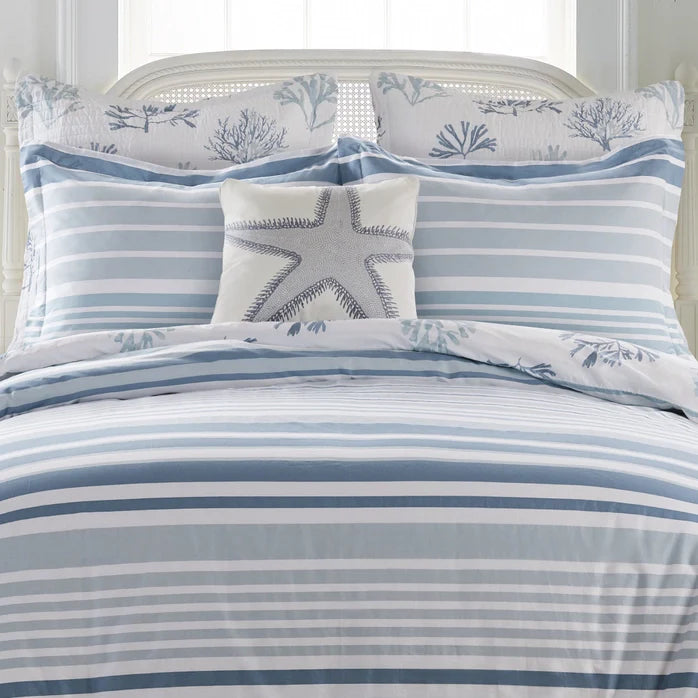 Truro Reversible Comforter Set 3PC Blue  - Beautiful Coastal Bedding Sets