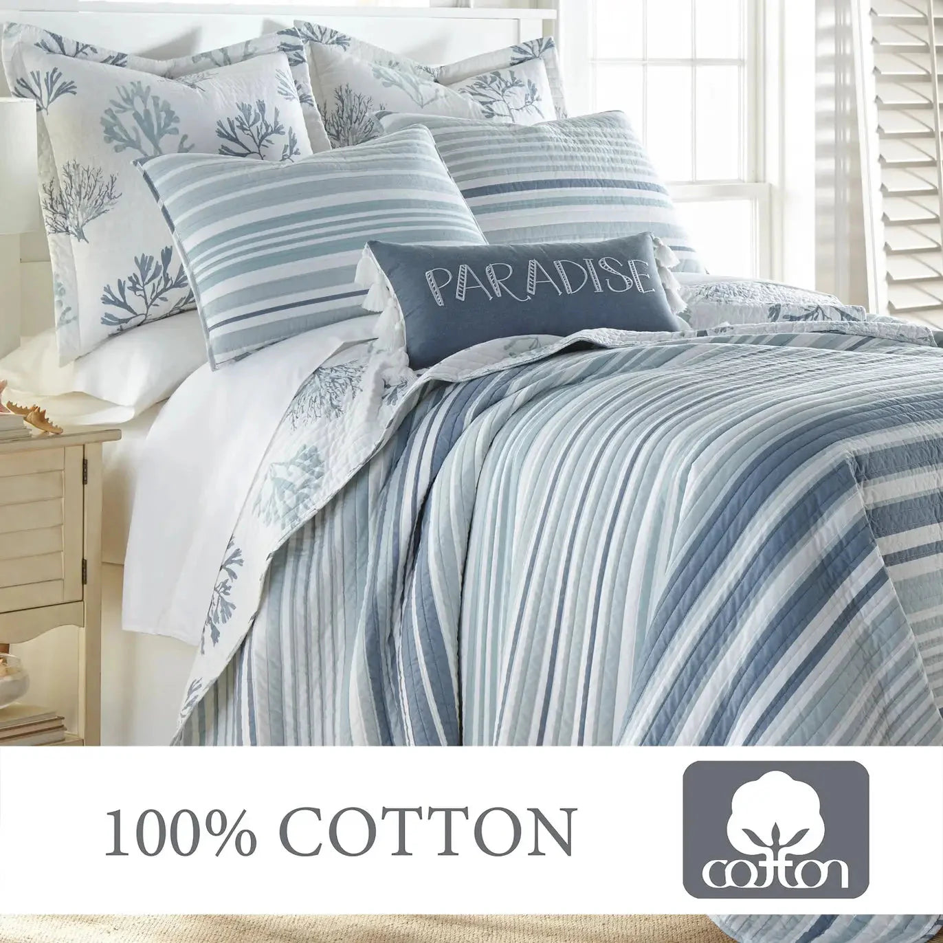 Truro Quilt Set - 100% Cotton Beautiful Coastal Bedding Set - Blue