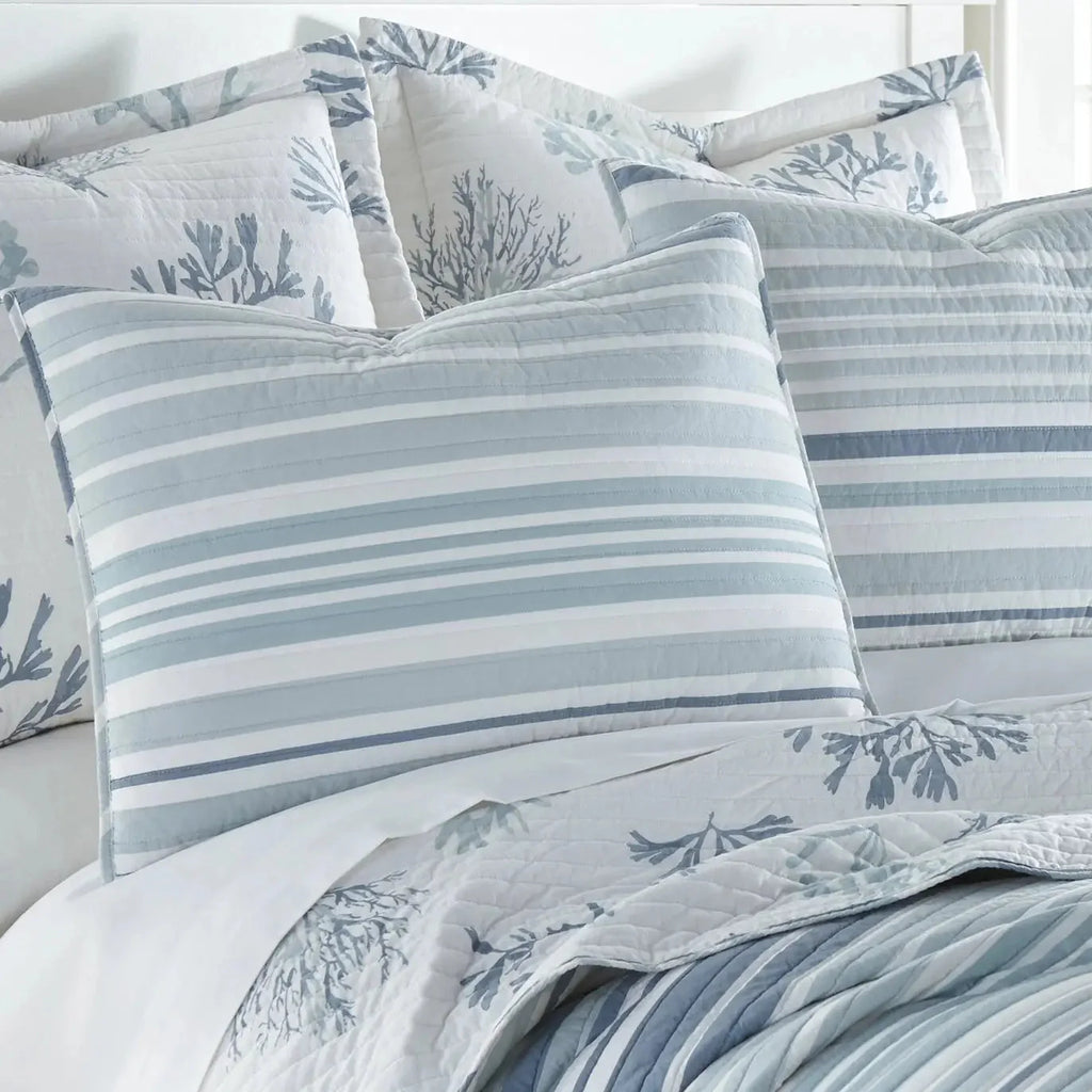 Truro Quilt Set - 100% Cotton Beautiful Coastal Bedding Set - Blue