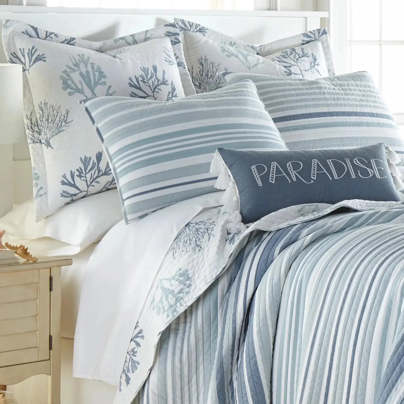 Truro Quilt Set - 100% Cotton Beautiful Coastal Bedding Set - Blue