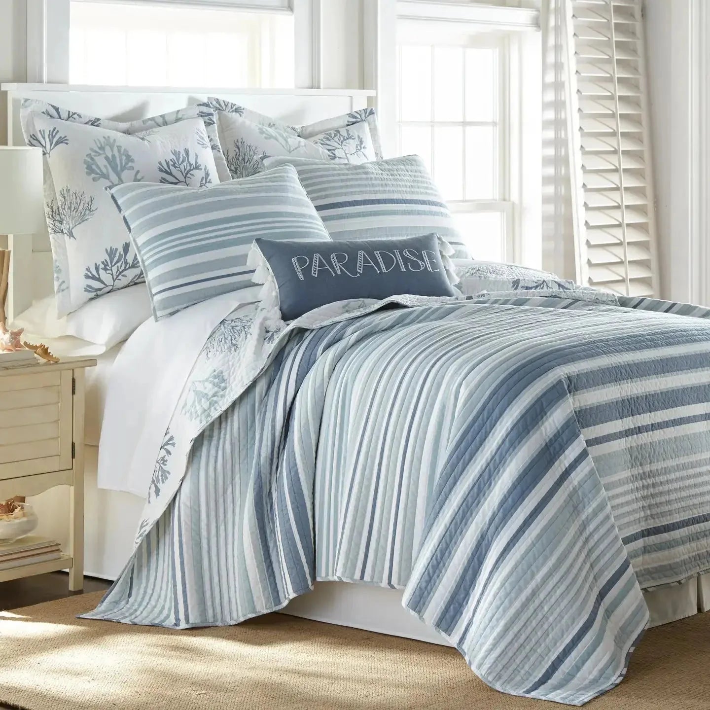 Truro Quilt Set - 100% Cotton Beautiful Coastal Bedding Set - Blue