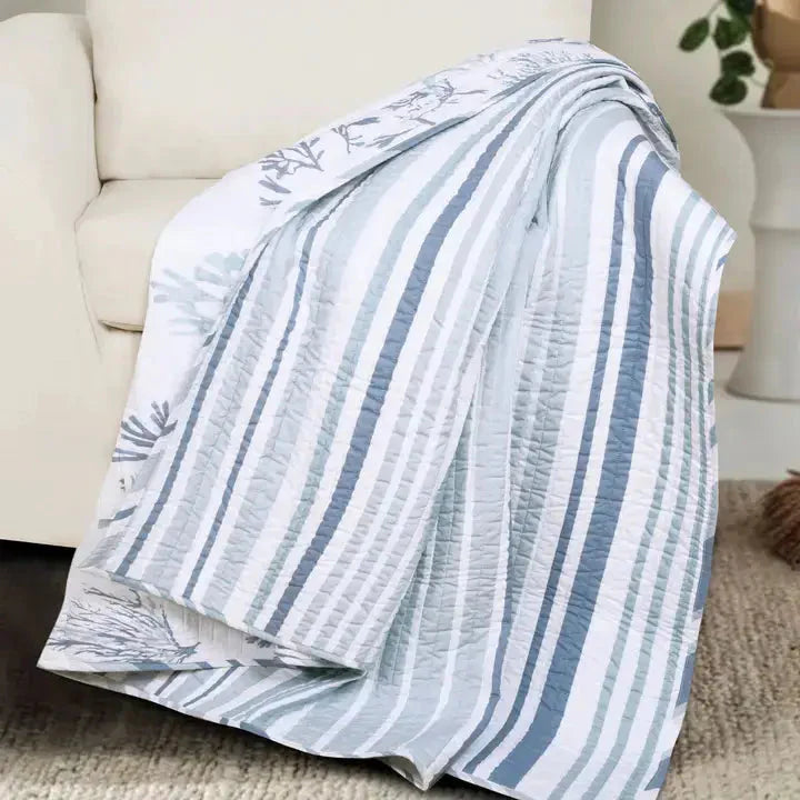 Truro Stripe Quilted Throw Blanket - Coastal Throw Blankets - Blue