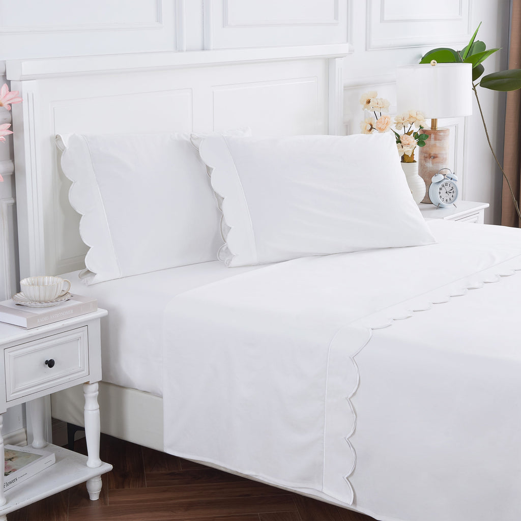 Coastal Scalloped Edge Embroidered 300TC Cotton Percale Sheet Set