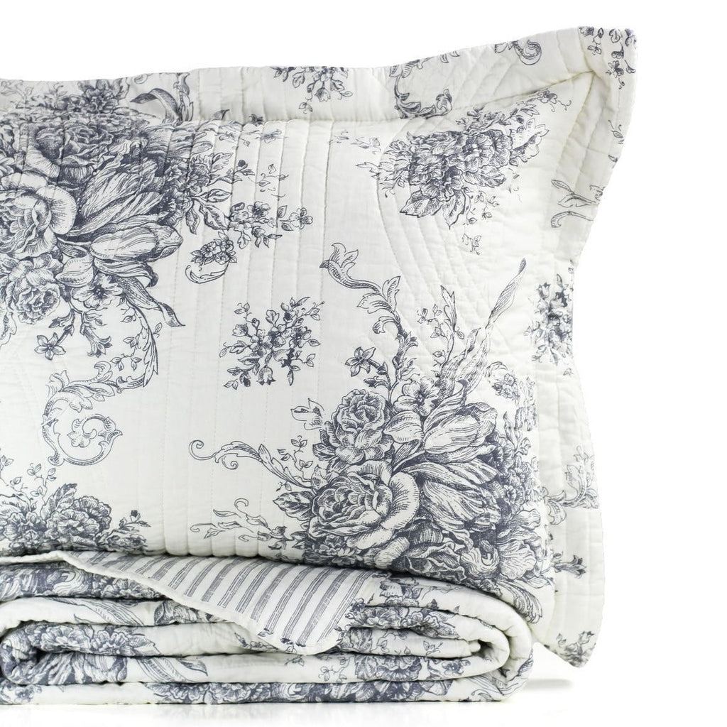 Toile Quilt Set - 100% Cotton Shell And Filling - Floral Quilt With Stripes On Reverse
