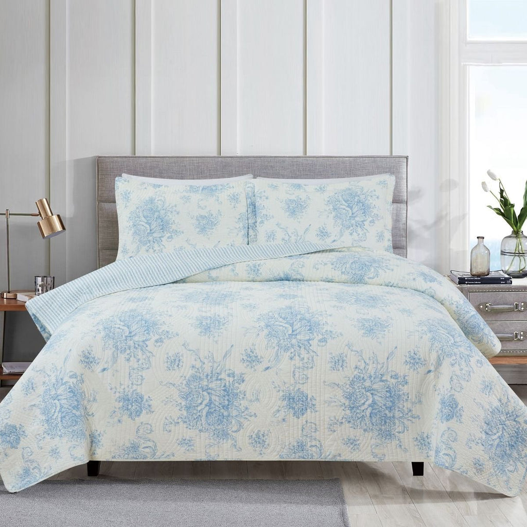 Toile Quilt Set - 100% Cotton Shell And Filling - Floral Quilt With Stripes On Reverse