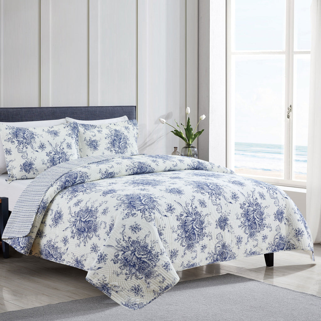 Toile Quilt Set - 100% Cotton Shell And Filling - Floral Quilt With Stripes On Reverse